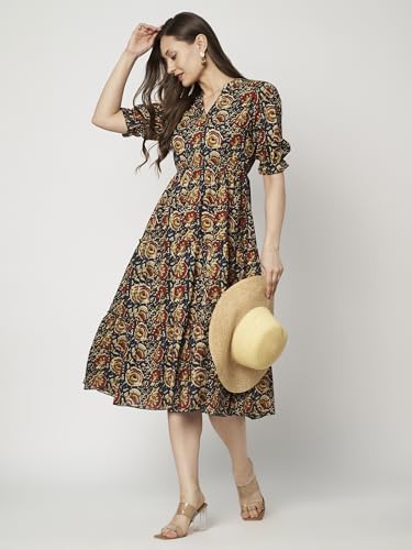 Image of Women's Floral Summer Maxi Dress I Cotton Printed I One Piece Bodycon Midi Dress with V-Neck, Puffed Sleeves