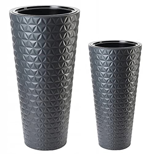 MELTOM Blumenkübel Diamant Rund Slim 3D Effekt Pflanzkübel mit Herausnehmbaren Einsatz Hoch Set 2: XL+XXL Anthrazit