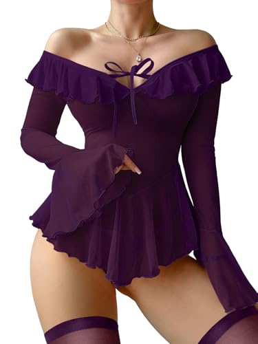 Image of Foxiny Sheer Ruffle Long Sleeve Babydoll Lingerie Dress | Off-shoulder neckline, flared cuffs and a flounce hem add movement; thong and thigh-high stockings complete the 3-piece set
