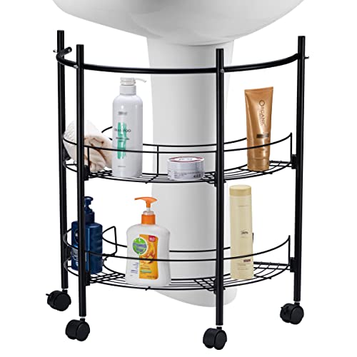 L&H Unico Pedestal Under The Sink Rack with 2 Storage Shelves Metal Bathroom Organizer with Wheels and Towel Holder, Black - Image 6