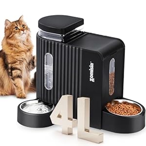 Gravity Cat Feeder and Water Dispenser with 304 Stainless Steel Bowls, 2 in 1 Automatic Cat Feeder with 180 Degree Rotatable Water Bowl, Large Capacity for Puppy Kitten Rabbits, Black