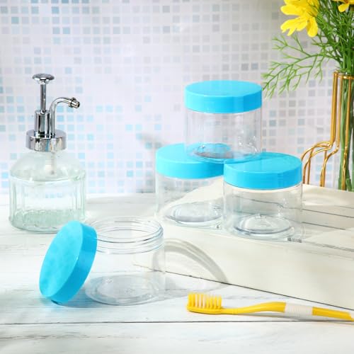 Image of Patelai 4 Pcs Plastic Jars Wide Mouth with Lids,6 Ounce,Blue | Travel Size for Creams Oils, Clear Round Storage Cosmetics Containers, Leak Proof Screw on Lids for Makeup Beauty DIY