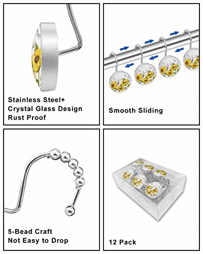 Decorative Shower Curtain Hooks 12Pcs Sunflower Butterfly Park Crystal Glass Design Shower Curtain Rings Stainless Steel Rustproof Shower Curtain Hangers For Bathroom Toilet Closet #TOP6