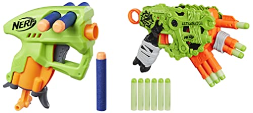 Image of Nerf NanoFire Blaster, Green Single-Shot Blaster with Dart Storage, Includes 3 Elite Darts, for Kids Ages 8 and up & Zombie Strike Alternator Blaster, Fires 3 Ways, Includes 12 Elite Darts, Multi