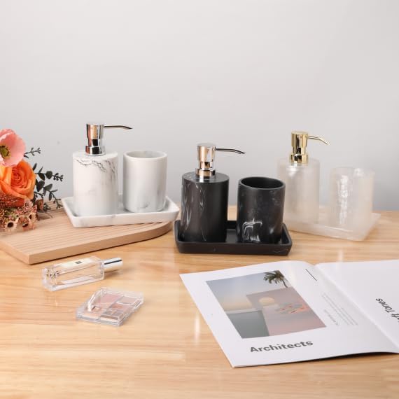 Miniatura 6 de Juego de accesorios de baño con dispensador de jabón de loción, soporte para cepillos de dientes y bandeja de tocador, juegos de 3 piezas de