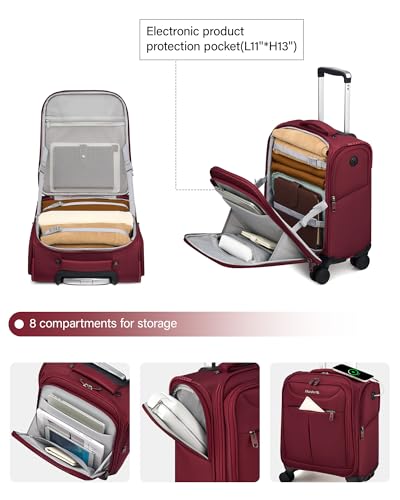 Image of Hanke 45CM Small Soft Shell Cabin Trolley Bags, 8 Silent Spinner Wheels,Charging Port, 8 Storage Compartments, Lightweight Compact Carry-On Luggage for Short Trips & Overnight Use,Burgundy