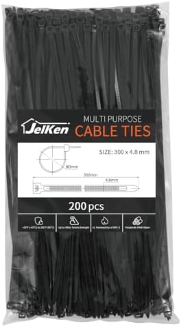 JelKen 200 Stück Kabelbinder Schwarz 300mm x 4,8mm, Selbstsichernd, UV-beständiges, Starke Nylon Kabelbinder für Zuhause, Büro und Gartenarbeit
