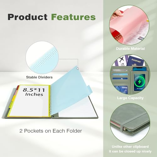 Image of Clipboard with Storage for Men Women, Leather Padfolio Portfolio Organizer 5 Folders with 10 Pockets, Spiral Clipboard Folio with Notepad for Letter Size, Elastic Closure and Pen Loop Sage Green