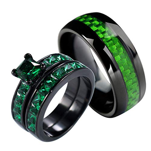 ringheart 2 Rings His and Hers Rings Couple Rings Princess Cut 6mm Green Cz Womens Wedding Ring Sets Tungsten Mens Wedding Bands