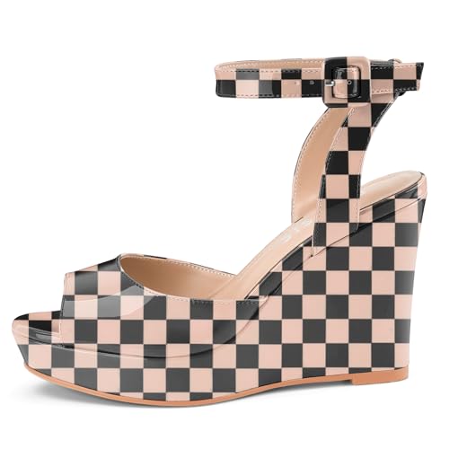 Image of Women's Dressy Platform Wedge Sandals Gold Wedges Peep Toe Patent High Heels Slingback Heeled Comfortable Ankle Strap Shoes