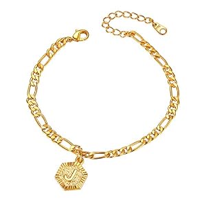 FOCALOOK 4.5mm Figaro Gold Chain Anklets with Initial Ankle Bracelet for Women Teen Girls-22-27cm Length-Adjustable (Send Gift Box)