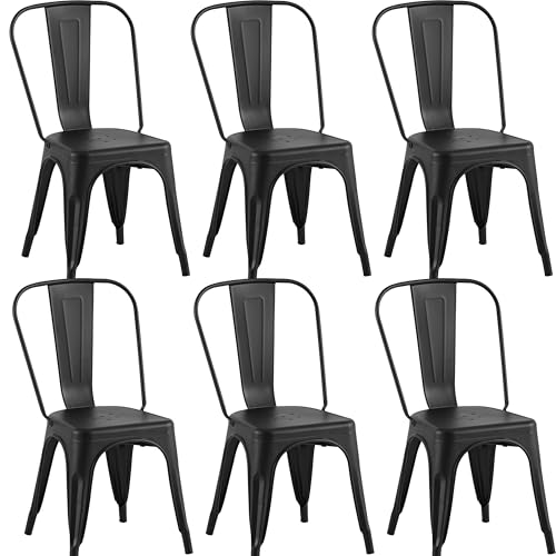 Image of Metal Dining Chairs with Back, Stackable, Midnight Black, 6 Pack | Easy Assembly, Non-Slip Feet, 330 lb Capacity, Kitchen, Restaurant, Cafe, Pub, Covered Patio