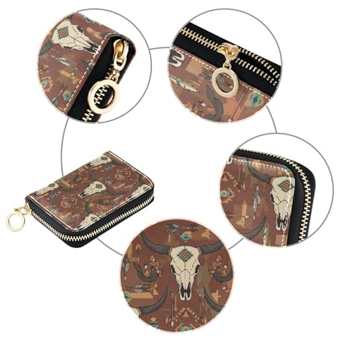 9 Credit Card Slots & 2 Cash Slots Leather Womens Wallet Small Travel Cash Wallet with Coin Pocket Western Boho Bull Ram Skulls4