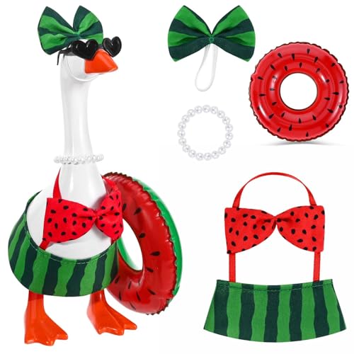 Bolsome Bikini Desk Goose Outfit 7 inch Mini Goose Watermelon Bikini with Sunglasses Necklace Swimming Ring for Summer Magnetic Desk Goose Statue Decor (Watermelon)