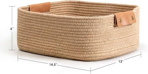 Image of ☆LBY Rectangle Cotton Rope Woven Basket with Handles for Books, Magazines, Toys - Ideal Gift Decorative Basket for Baby Nursery, Living Room (jute, large 14.5 x 13 x 6 inch)