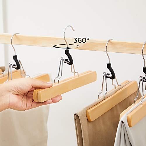 SONGMICS 12 Pcs Wooden Trouser Hangers Non-Slip Chrome Hook 360 Degree Rotating Natural CRW007-12