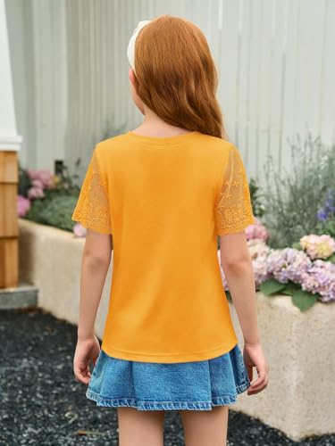 Image of Haloumoning Girls Lace Short Sleeve T Shirts Kids Summer Crewneck Tunic Tops Curved Hem 5-14 Years