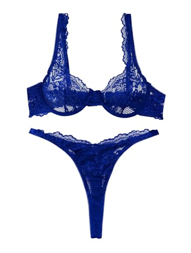 Image of Lilosy Sexy Floral Lace Scallop Underwire Push Up Sheer Lingerie Set Outfits