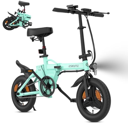ESKUTE F100 E-Bike Klapprad, 14 Zoll Elektrofahrrad mit USB-Ladeanschluss für Handy, 250W EU-konformes Elektrofahrräder, Integrierter 36V 9Ah Akku, Reichweite bis 35-60KM, Blaugrün