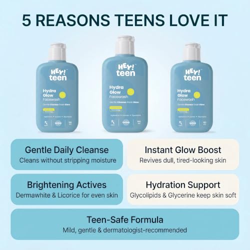 Image of HEY TEEN Glow Hydrating Face Wash for Teens & Kids (9+ Years) | Gentle Daily Face Cleanser for Teenage Boys & Girls | Dry to Normal, Sensitive Skin with Dermawhite, Glycolipids & Licorice
