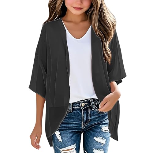 Girls Chiffon Kimono Loose Casual Open Front Cover Ups 3/4 Sleeve Cardigan Lightweight Jacket Summer (Black, 5-6 Years)