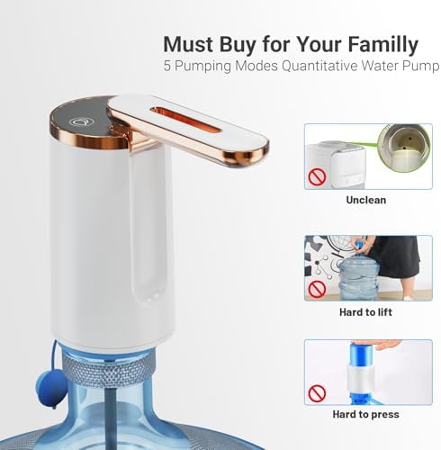 Myvision Water Dispenser for 5 Gallon Bottle, Portable USB Charging Electric Water Pump, Drinking Water Jug Pump for Home, Kitchen, Living Room, Office, Camping, Universal for 3-5 Gallon (Plus W) - 5