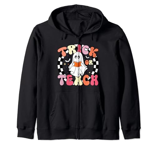 Trick or Teach, el fantasma floral retro de Halloween, profesor Groovy Sudadera con Capucha