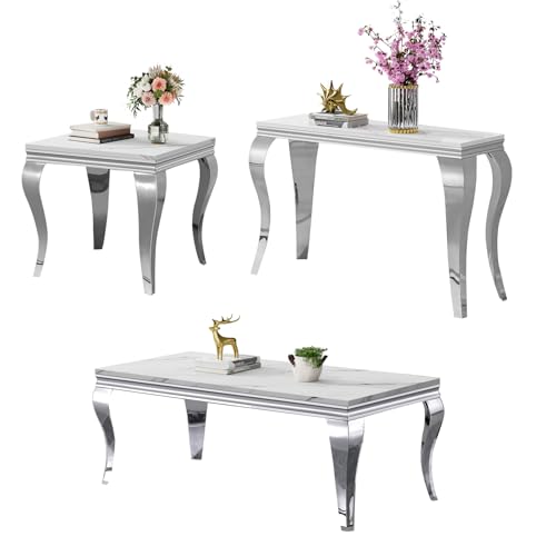 Image of Luxury Coffee Table Set of 3, Coffee Table with End Table, Sofa Console Table, Modern 3 Piece Living Room Table Set with Faux Marble Top & Silver Stainless Steel S Legs for Apartment Home Office