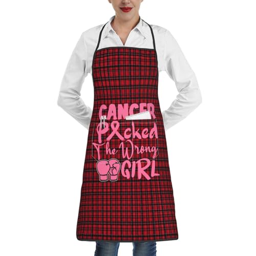nopicsn Cancer Picked The Wrong Girl Breast Cancer Apron for cooking with Pockets Women Men Kitchen Chef Funny Aprons