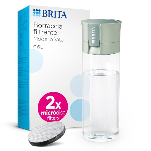 BRITA Model Vital Water Filter Bottle Light Green (600 ml) Including 2 MicroDisc Filters - Practical Water Bottle with Water Filter for Travel, Filters Chlorine & Bacteria When Drinking/Dishwasher