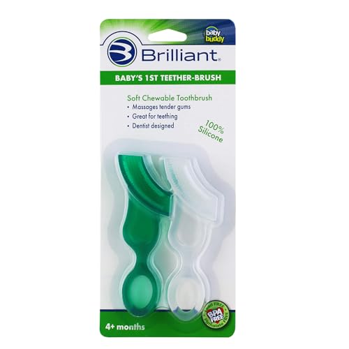 Brilliant Oral Care Baby’s First Toothbrush, Smooth Silicone Bristles Gently Clean Tender Teeth and Gums, for Ages 4+ Months, Green + Clear, 2 Pack