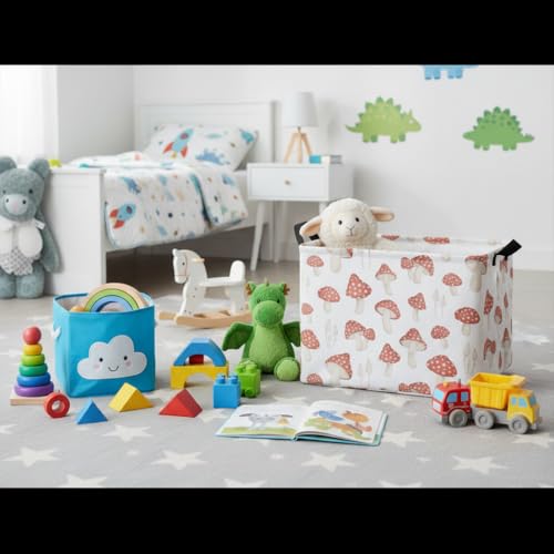 Image of Rectangular Kids Basket Baby Girl Basket Fabric Storage Bin Organizer Box Room Decor(Mushroom)