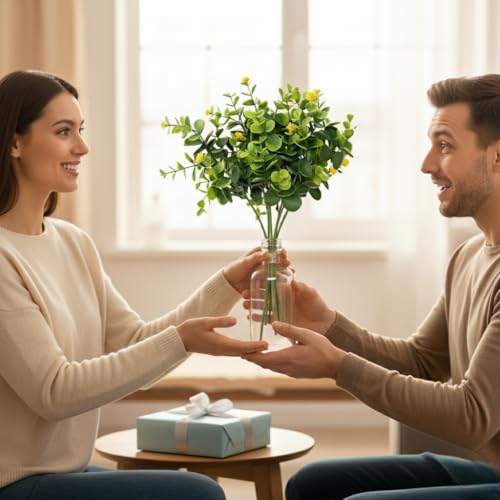 Image of Artificial Eucalyptus Bouquet with Baby Breath Yellow Flowers - 6 Stems Faux Greenery Bunch, 33cm Height for Home, Office, Wedding & Party Decoration