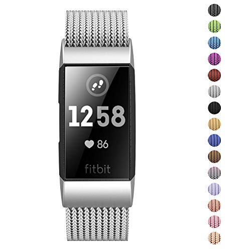 Fitlink Stainless Steel Metal Replacement Bands for Fitbit Charge 3 and Charge 3 SE for Women Men,Multi Color Multi Size(Silver,Large(6.1 ''- 9.9''))