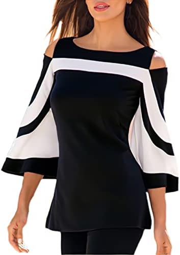 Women Blouses and Tops Black White Colorblock Bell Sleeve Cold Shoulder Top Shirt 2XL