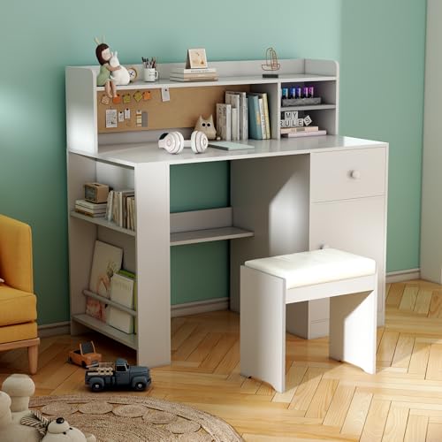 JMMD Kids Study Desk and Chair, Big Kids Desk and Chair Sets with Hutch and Storage Cabinet, Wooden Children Study Table for Kids 6-12, Student Writing Desk with Drawers for Bedroom, Homeschool - Thumbnail 2