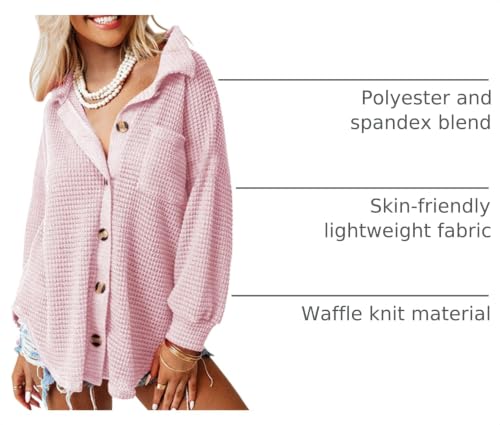Image of Dokotoo Womens Waffle Knit Shacket Jacket Casual Button Down Shirts Tops | Long Sleeve,Loose Fit,Boyfriend Style,Collared V Neck,Fall Cardiga,Outwear with Pockets