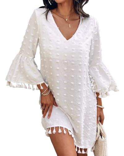 CHICME Women's Summer Dress Swiss Dot V Neck Bell Sleeve Shift Dress Casual Flowy Mini Dresses-S White