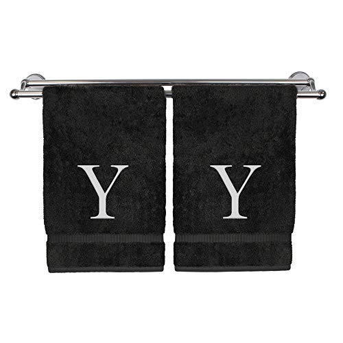 Monogrammed Hand Towel, Personalized Gift, Set of 2- White Block Letter Embroidered Towel - Extra Absorbent 100% Turkish Cotton - Soft Terry Finish - Initial Y Black
