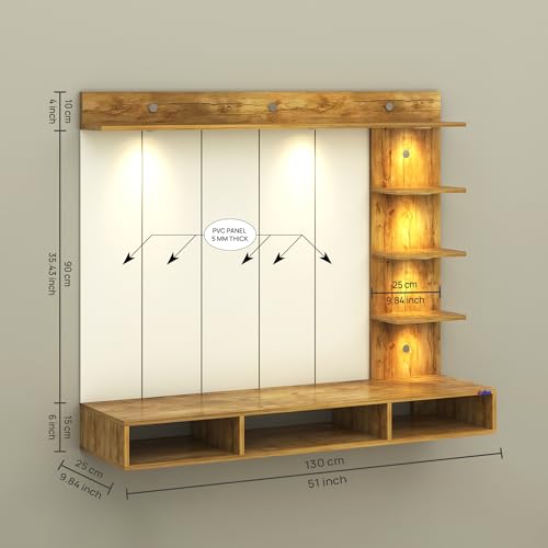 Image of Anikaa Tyron Engineered Wood Wall-Mount TV Unit with PVC Back Panel & LED Lights | TV Cabinet with Storage Box & Decorative Shelves (Gaintwood) | Ideal for TVs up to 43 Inch | DIY Installation