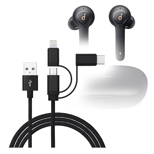 Câble compatible avec Soundcore Life P2 anti-nœud AllCharge 3 en 1 robuste noir de jais