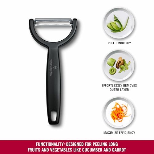Image of Victorinox Swiss Made Stainless Steel Swiss Classic Ypso Peeler, Serrated Double Edge Peeler for Professional and Household Kitchen, Black, Long Fruit & Vegetable Peeler | 6.0963.3