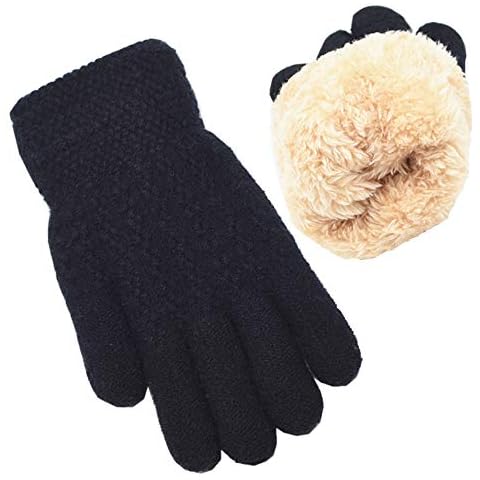 Winter Gloves for Boys Girls - Kids Warm Knit Thermal Cable Knitted Gloves Black Wool Fleece Lined Mittens for Cold Weather Cover