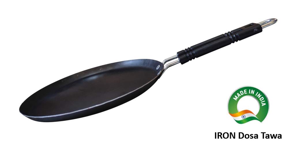 LooksGood Indian Iron cookware Combo Wooden Handle Tawa (3 mm Thickness) + Dosa Tawa (25 cm) + Kadahi (24 cm) (Iron) 2