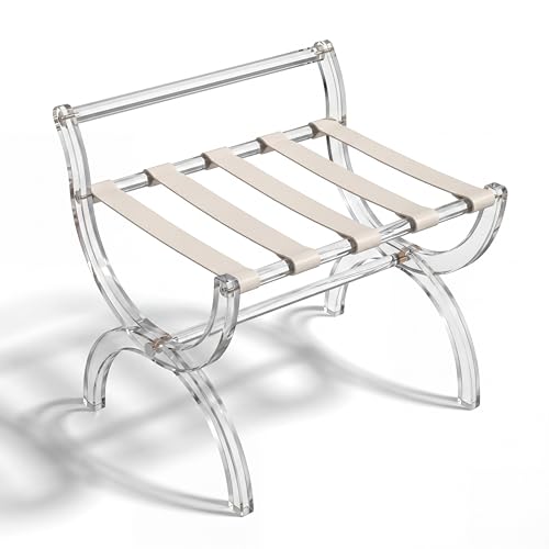 Briwooody Acrylic Luggage Rack for Guest Room, Foldable Suitcase Stand with Back & Leather Straps, Clear Modern Design for Bedroom & Hotel, Heavy Duty Luggage Rack, Holds up to 100 lbs