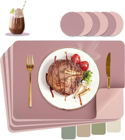 HELI MIAO Tischsets Abwaschbar,Platzsets Abwischbar, Leder,Hitzebeständig Doppelseitigen I 6er Set Platzdeckchen Lederoptik mit Untersetzer,Tischuntersetzer rutschfest,Lila + Rosa