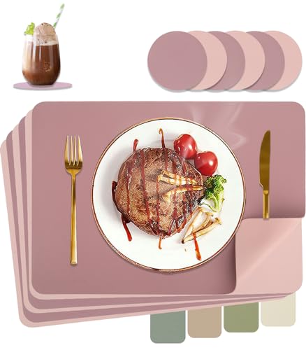 HELI MIAO Tischsets Abwaschbar,Platzsets Abwischbar,Tischset Leder,Hitzebest&auml;ndig Doppelseitigen I 6er Set Platzdeckchen Lederoptik mit Untersetzer,Tischuntersetzer,Platzdecken Lila + Rosa