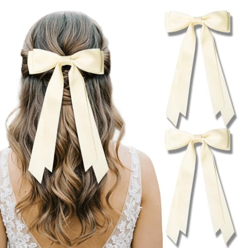 Cream White Satin Hair Bows 2 Pack, Long Tail Ribbon Alligator Hair Clips, Elegant Women Hair Accessories for Daily Party Dating Wedding Hairstyle (Beige)