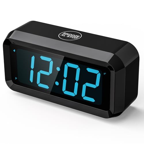 Alarm Clock,Digital Alarm Clock for Bedrooms,Battery Operated Clock,Adjustable 3 Brightness,1.2 inch LED Time Display, 12/24Hr, Cordless,Snooze (Black-Blue led)