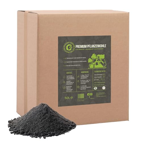 Premium Pflanzenkohle für Boden – Natürlicher Bodenverbesserer für Gärten, Gemüse, Zimmerpflanzen, Blumen, Terra Preta & Kompostzusatz, 50L